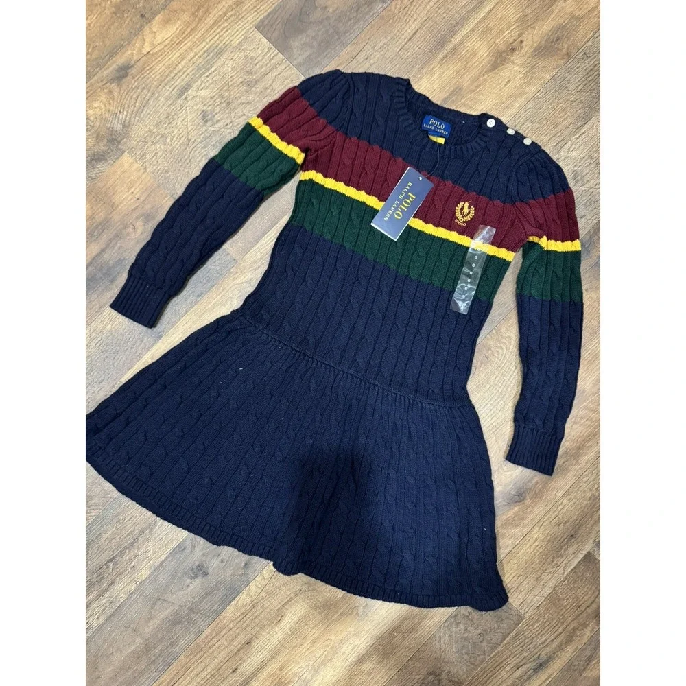 Ralph Lauren Girls Striped Cable Knit‎ Cotton Sweater Dress Size 6 NEW $125
